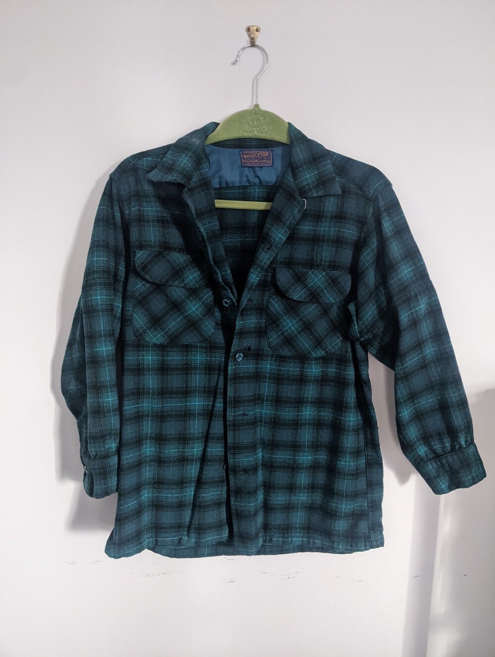 Pendleton Teal and Black Plaid Wool Button-Down Shirt